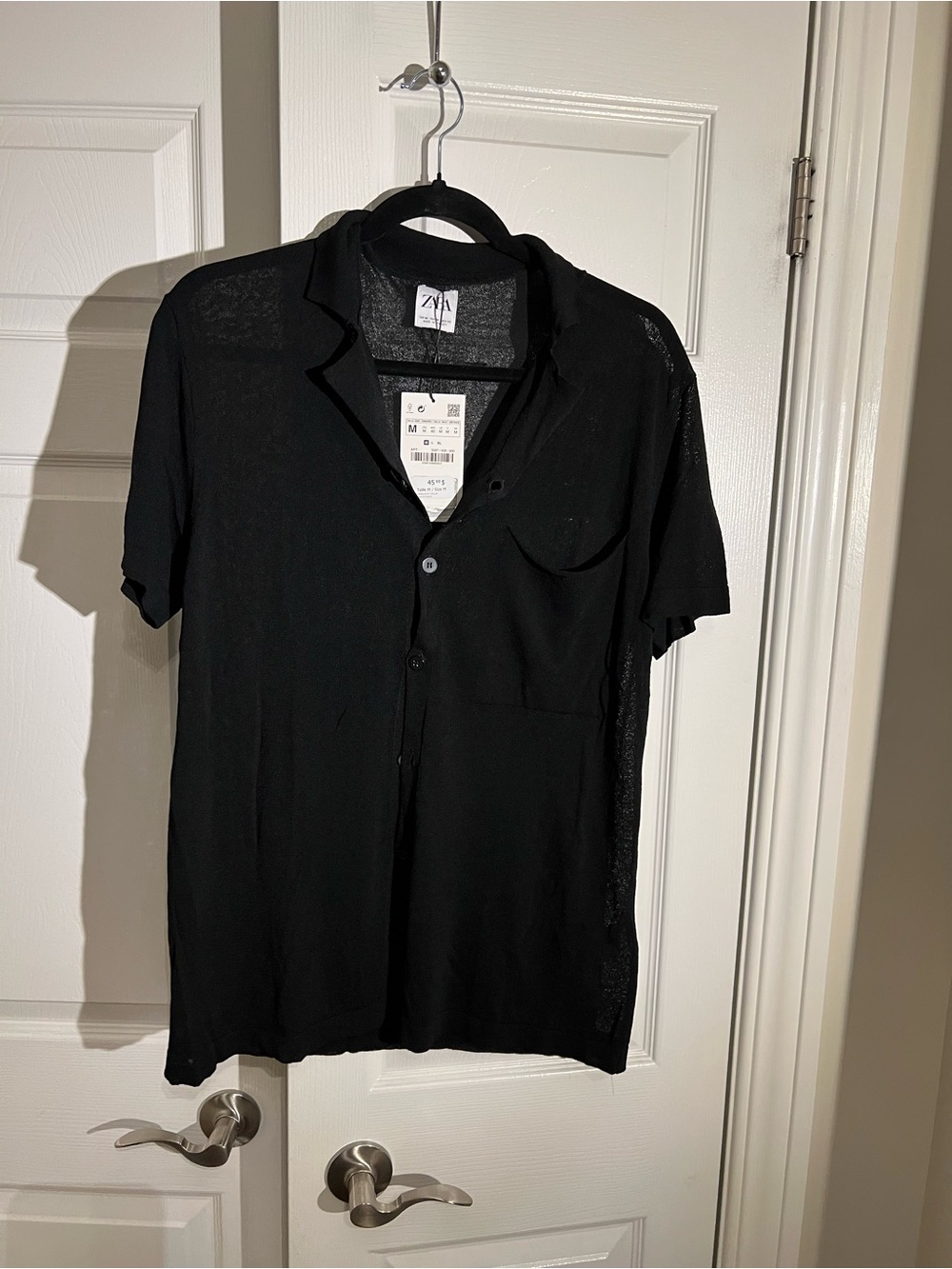 Zara Black Short-Sleeve Camp Collar Button-Up Shirt